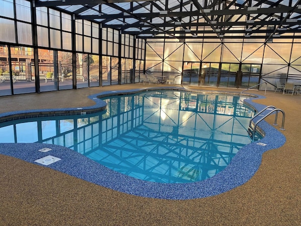 An indoor swimming pool with a clear view of the outside through large windows.