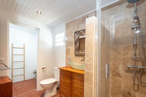 Douche, serviettes fournies, papier toilette