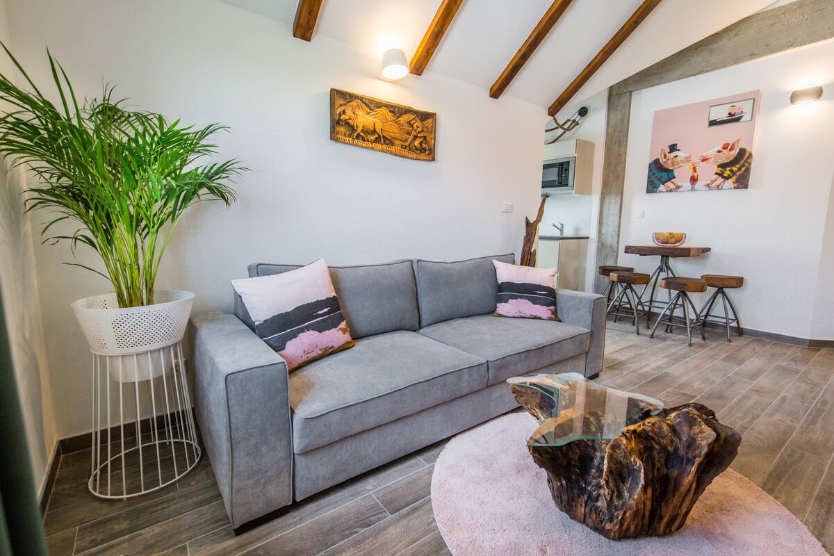 Een moderne woonkamer met een grijze bank, een houten bijzettafeltje en een potplant.