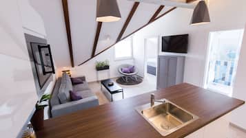 Deluxe Apartment | Private kitchen | Mini-fridge, electric kettle, highchair, cookware/dishes/utensils