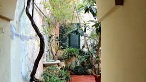 Un patio estrecho con suelo de baldosas, rodeado de muros con algo de vegetación y una ventana con contraventanas.