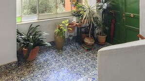 A room with a large arched window, a green door, and various potted plants. - Seiano (Vico Equense)