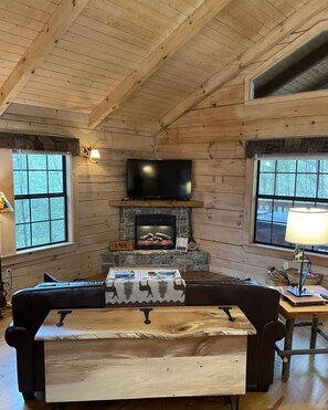 Studio | Living area - Private and Perfect! - hot tub, king bed, fireplace - dog and motorcycle friendly Studio Cabin by RedAwning (Tellico Plains)