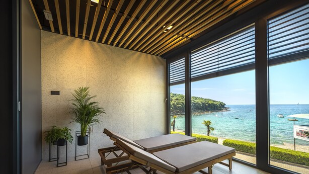 A modern room with a large window, a wooden ceiling, and two lounge chairs.