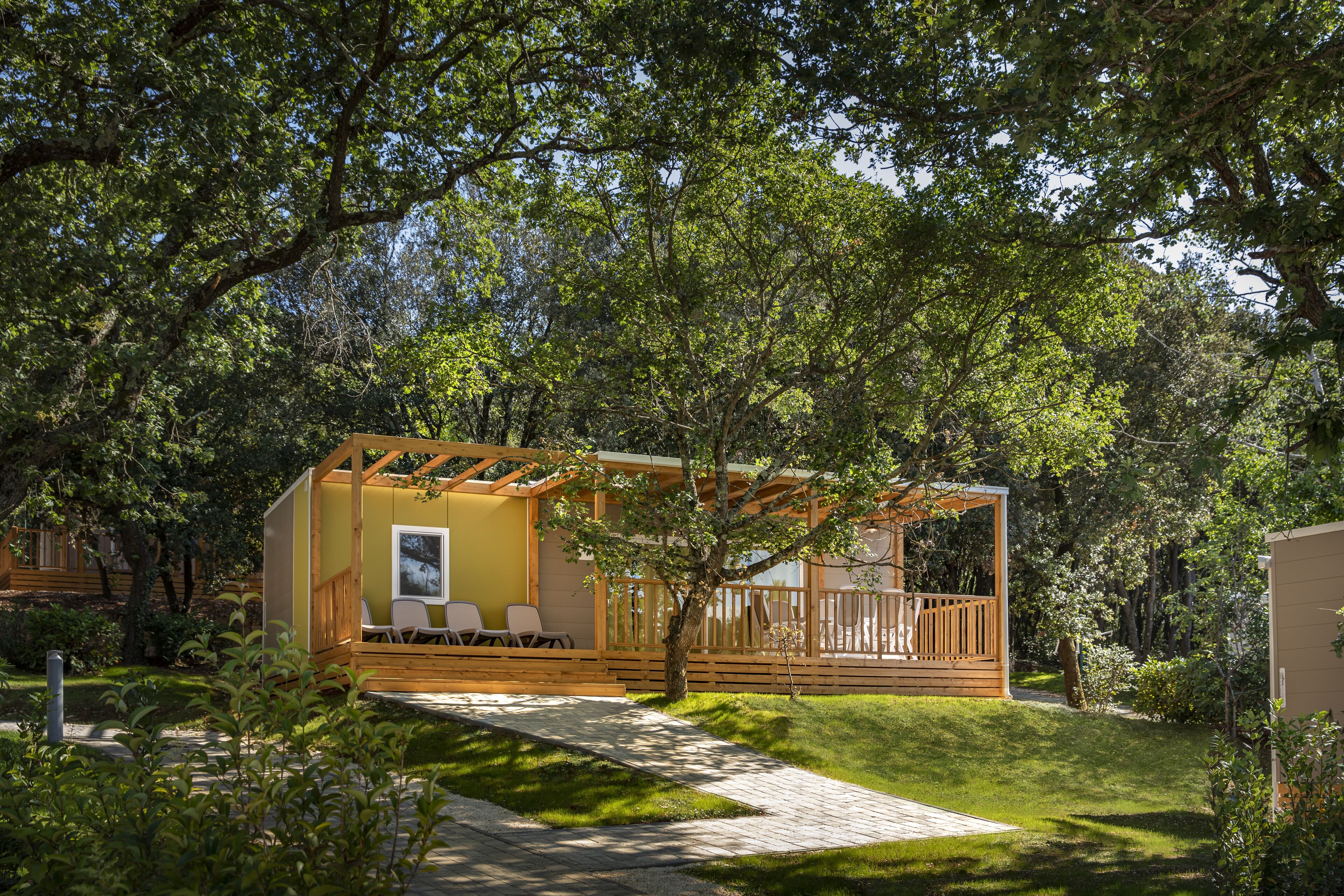 A wooden cabin with a deck, surrounded by lush greenery and trees.