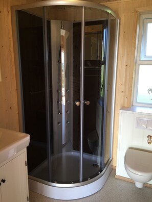 Aseo con cabina de ducha de esquina, inodoro y lavabo en una habitación de madera.
