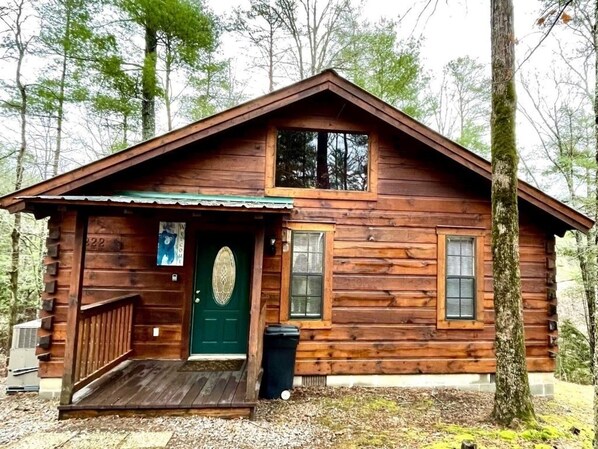 A wooden cabin with a green door, a small porch, and a window with shutters. - Perfectly private! Hot tub, king sized bed, grill, washer/dryer, and motorcycle friendly! Studio Cabin by RedAwning (Tellico Plains)