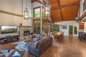 Smart TV, fireplace, video games, DVD player