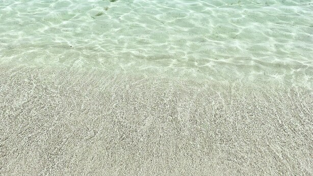 Une plage avec une eau claire et peu profonde et un rivage sablonneux.