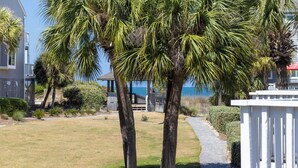 A residential area with palm trees, a pathway, and a building with a white fence.