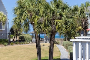 A residential area with palm trees, a pathway, and a building with a white fence.