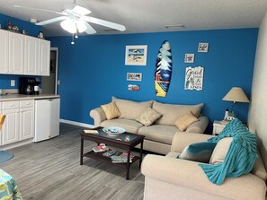 Smart TV, fireplace, DVD player, books