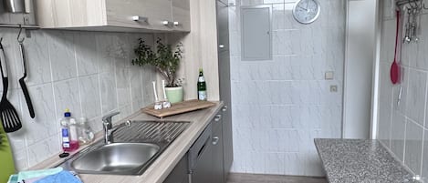 Kühlschrank, Mikrowelle, Herdplatte, Geschirrspüler