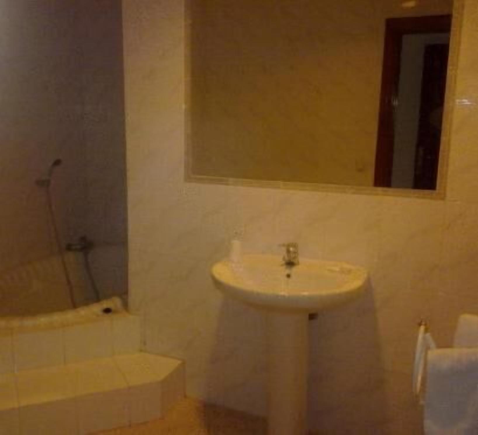 Une salle de bain avec une baignoire, un lavabo et un miroir.