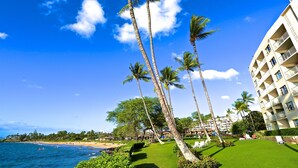 A beachfront hotel with palm trees, a pool, and a view of the ocean. - Chic and Remodeled Royal Mauian Beachfront  | Ground Floor Oceanfront Living (Kihei)