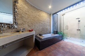 Shower, jetted tub, hair dryer, towels