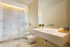 Regadera, secadora de cabello, bidet, toallas 