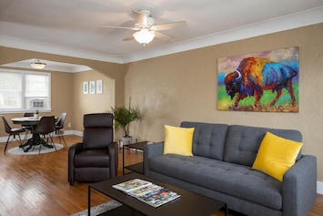 Spacious living room with comfortable furniture.