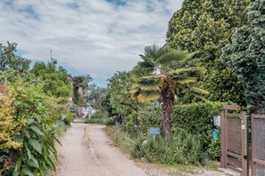 Eine Privatstraße führt zu einem bewachten Bereich mit üppiger Vegetation und einer Palme.