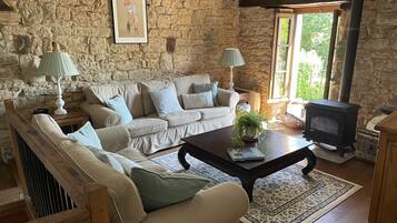 TV, fireplace, DVD player, books