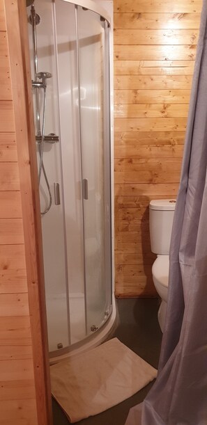 Chalet | Badkamer | Een douche, een haardroger, een bidet, handdoeken