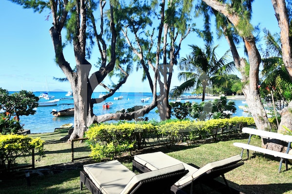 A beach view with lounge chairs, trees, and boats in the water.