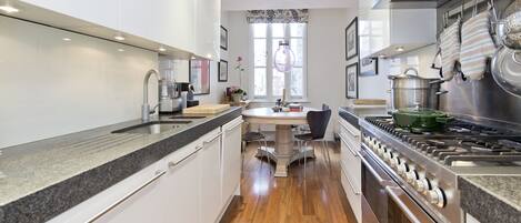 Microondas, lavavajillas, cafetera y tetera y utensilios de cocina