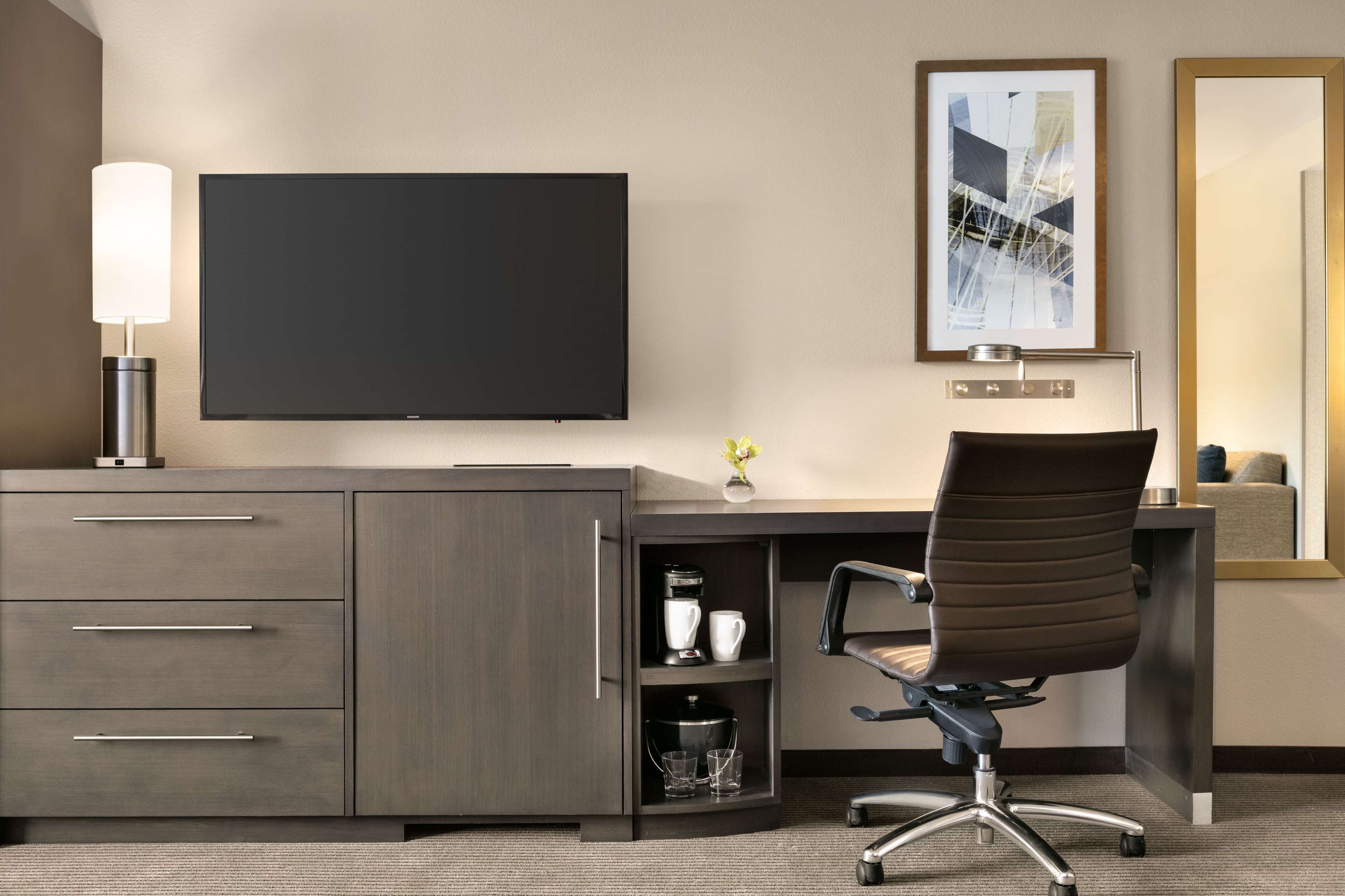 desk, blackout curtains, soundproofing, iron/ironing board