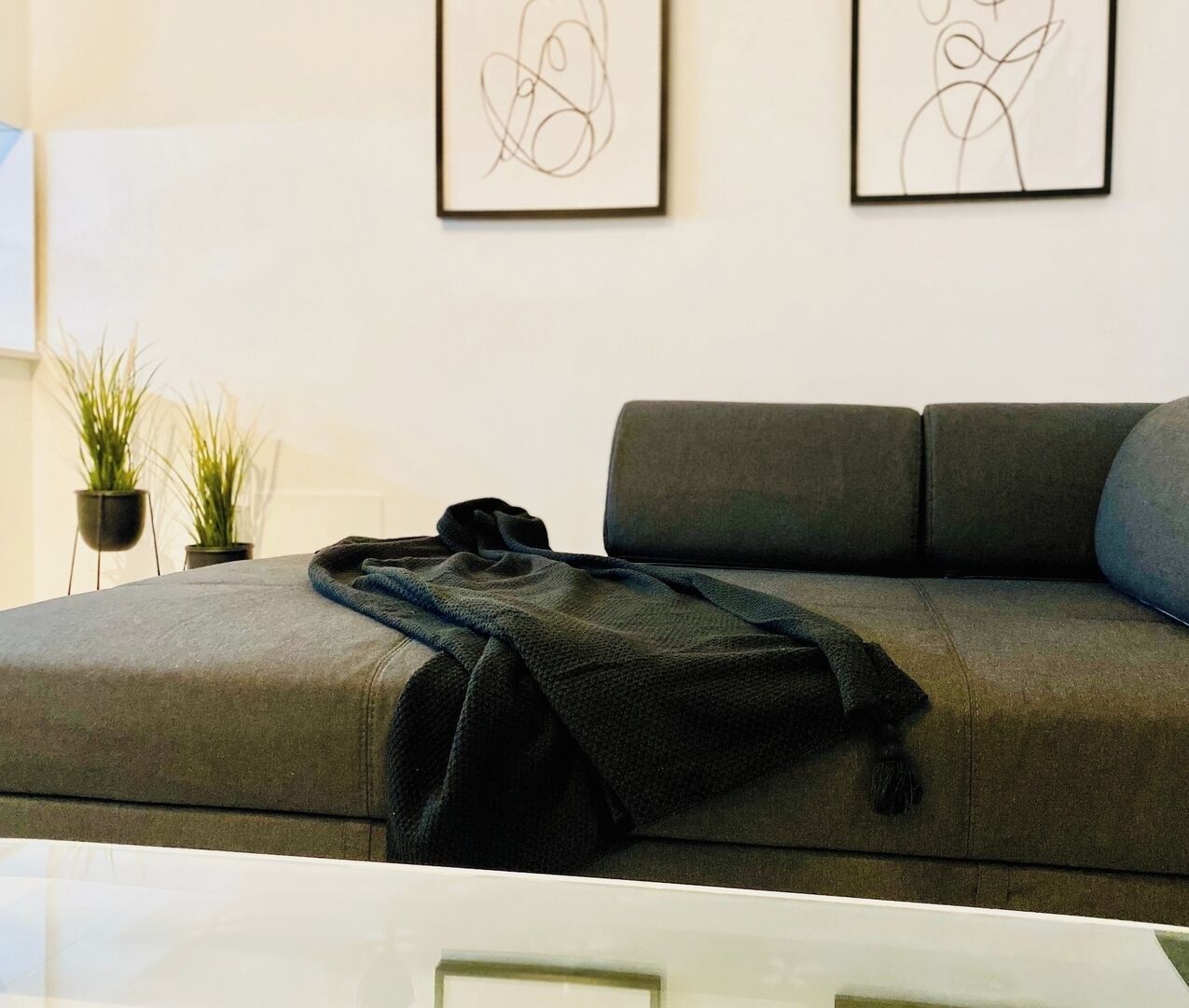 A modern living room with a grey sofa, two framed abstract artworks on the wall, and a small potted plant on the side.