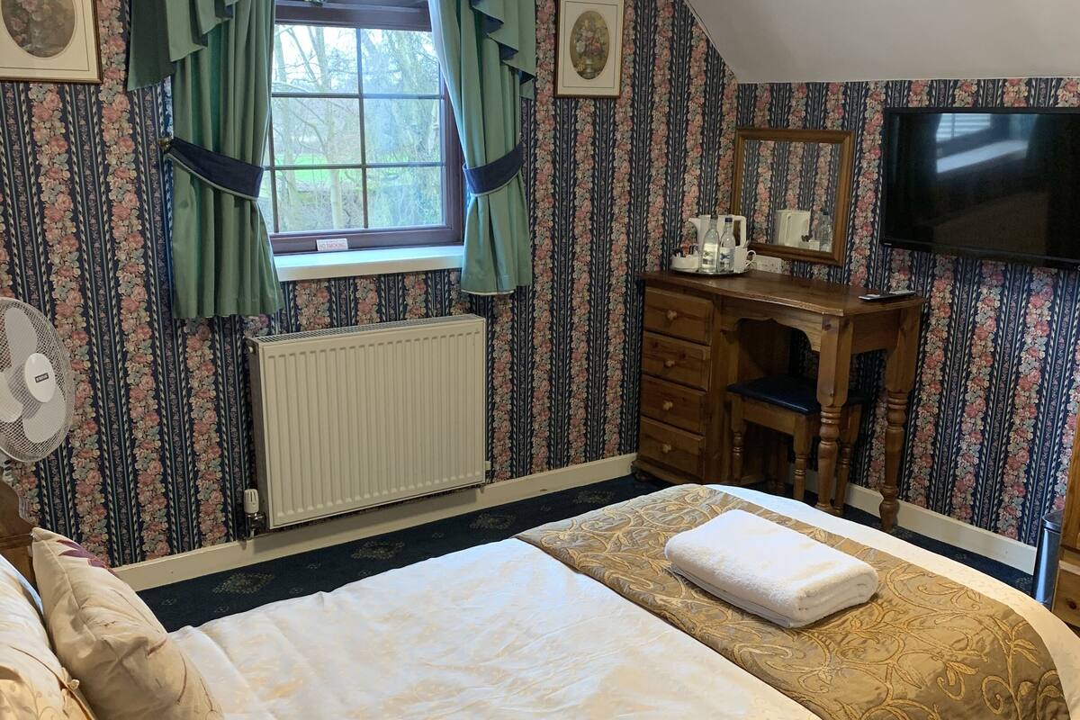 Une chambre à coucher avec un grand lit, une commode, un miroir, un radiateur et un téléviseur.