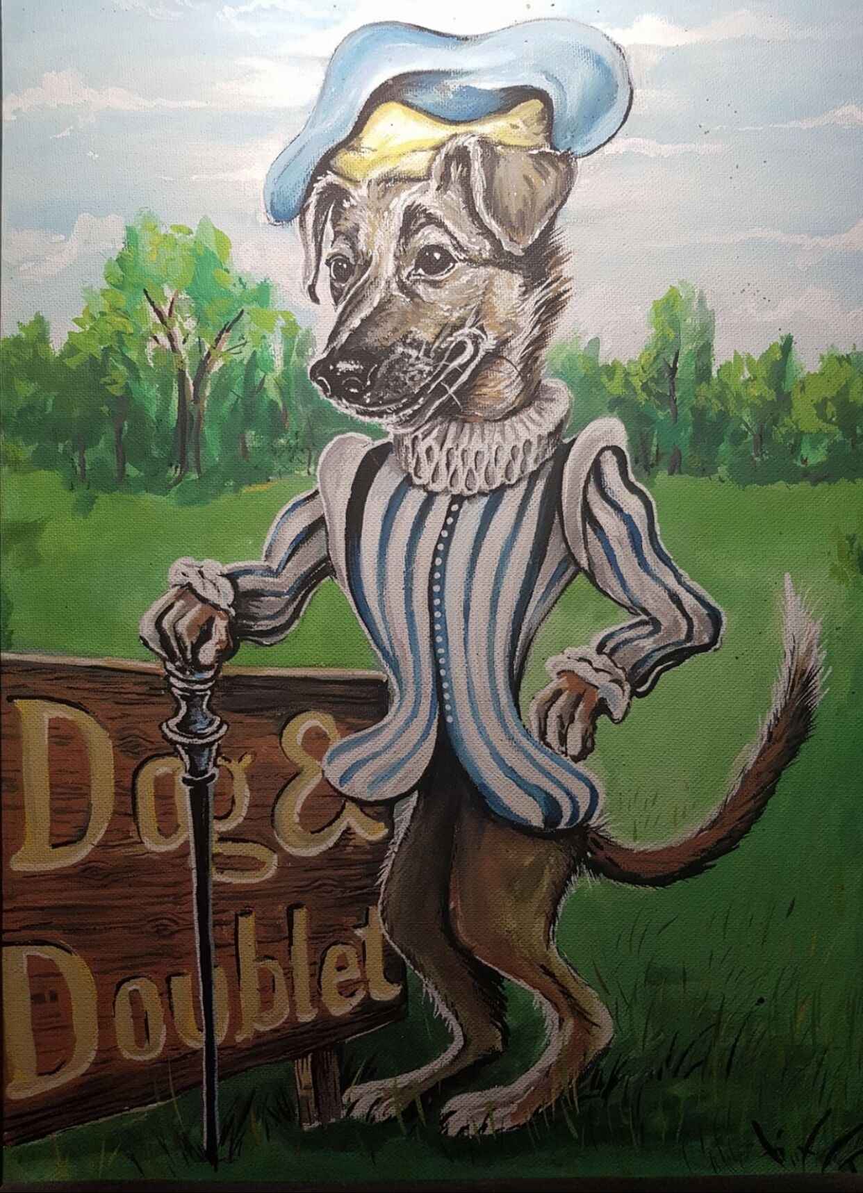 Un perro con traje a rayas sosteniendo un palo de golf, parado junto a un letrero que dice "Dog Doublet".