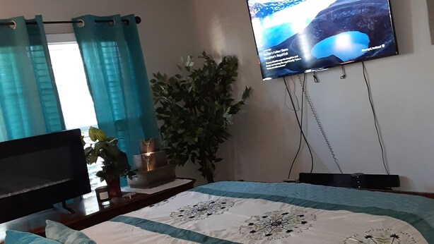 A bedroom with a bed, a TV mounted on the wall, a window with curtains, and a plant. - Master's apartment rental (Augusta)