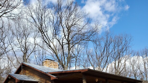 Une cabane en rondins dotée d’un porche et d’une cheminée, entourée d’arbres.