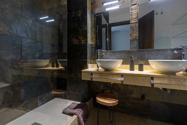Shower, hair dryer, bidet, towels