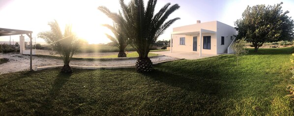 A modern house with a flat roof, a covered patio, and a well-maintained lawn.