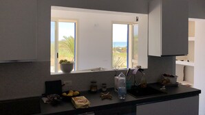 Una cocina con dos ventanas, una planta en maceta y diferentes utensilios sobre la encimera.