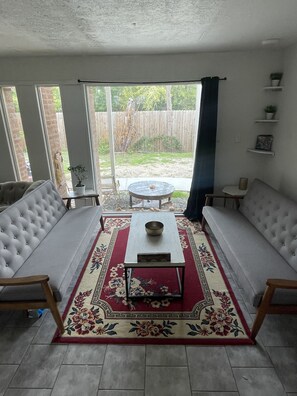 Smart TV, fireplace, stereo, computer monitors