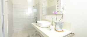 Shower, rainfall showerhead, hair dryer, towels