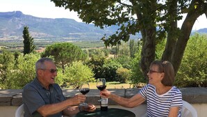Two people seated at a small round table outdoors, each holding a glass of red wine. - Stay in a 16th century three story home in the Provence countryside. (Mison)