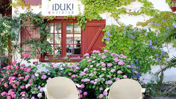 Un restaurant appelé « iDUK! OSTATUA », avec une porte et des fenêtres rouges, entouré d’une végétation luxuriante et de buissons d’hortensias roses.