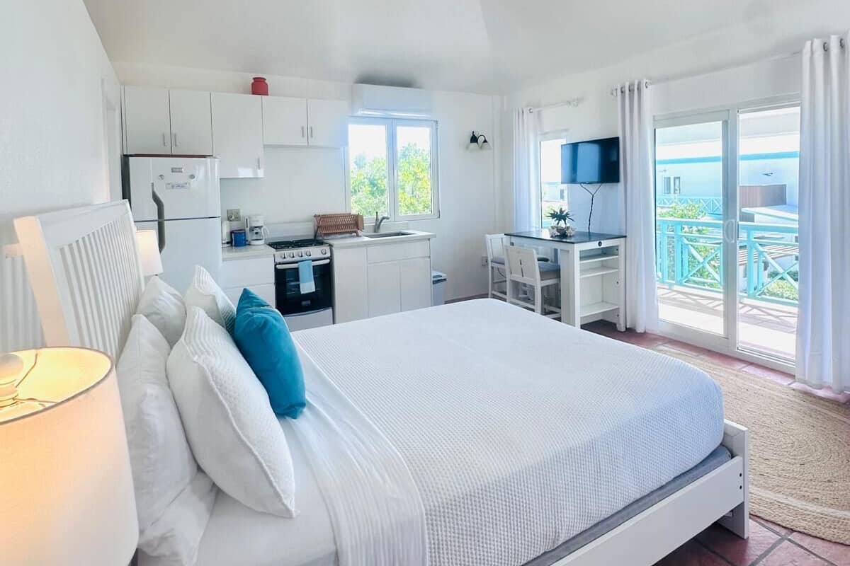 Une chambre avec un lit, un bureau, un coin cuisine et un balcon avec vue.