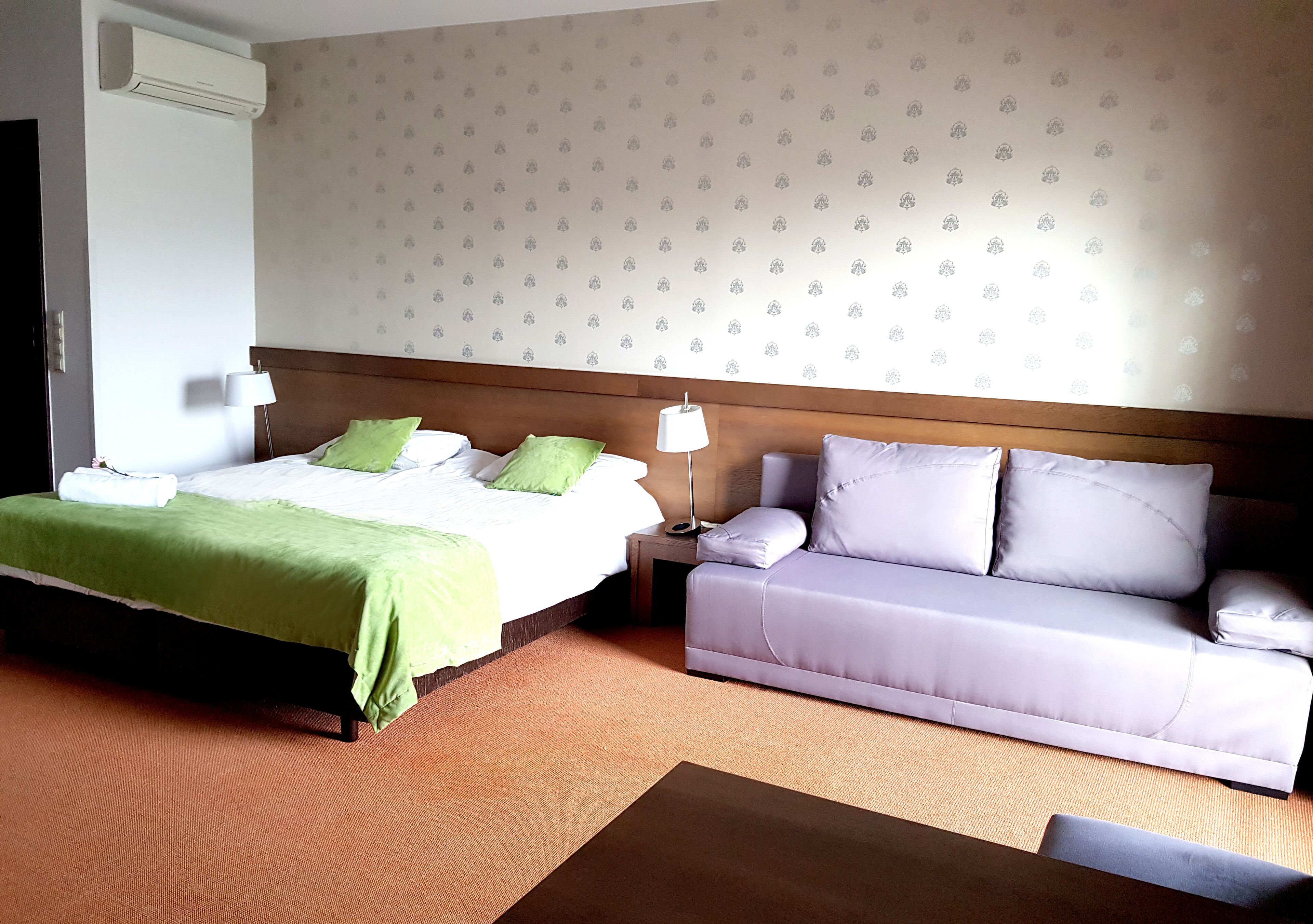 A hotel room with a bed, a sofa, a nightstand, and a wall-mounted air conditioner.