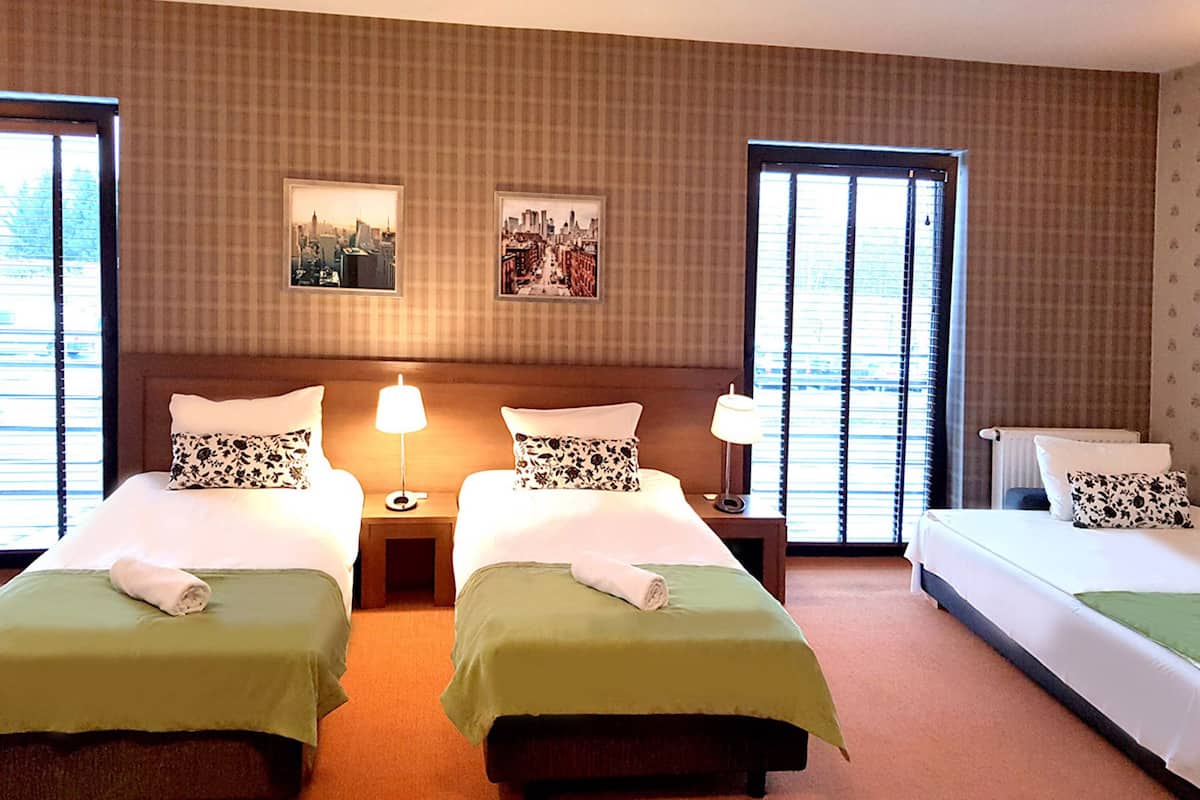 Habitación de hotel con dos camas individuales, un ventanal grande y dos cuadros colgados en la pared.