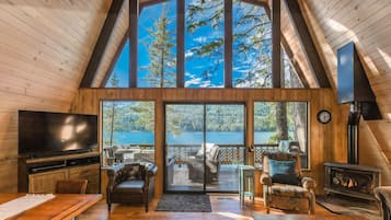 Una Smart TV, una chimenea, un reproductor de DVD, libros