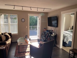 A living room with a sofa, a coffee table, a TV, a bicycle, and a balcony with a view of greenery. - 207 Timbers Condominium (Crested Butte)