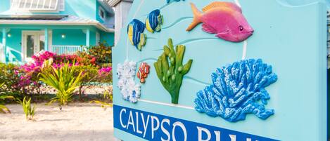 A sign with marine life illustrations and the text "CALYPSO BLUE".