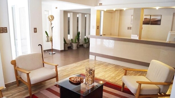 A modern living room with two wooden chairs, a glass coffee table, and a striped rug. There are potted plants and a large mirror on the wall. - Hotel Barrio 14 (Antofagasta)