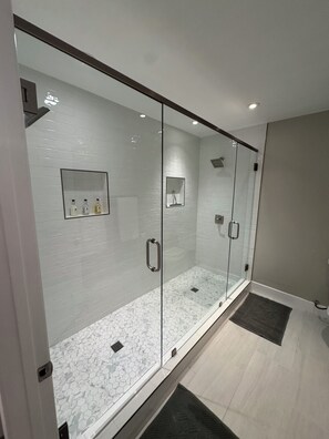 Hair dryer, towels, soap, shampoo