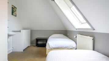 Una camera da letto piccola e moderna con un lucernario, un comodino, un termosifone e un letto singolo.