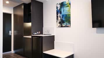 Mini-fridge, microwave, espresso maker, coffee/tea maker